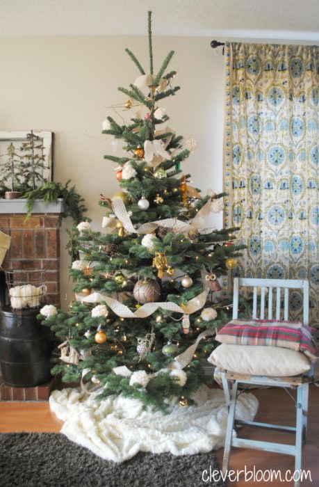 My Eclectic Neutral Christmas Tree. Visit cleverbloom.com for ornament ideas, diy tips, and easy tree skirt.