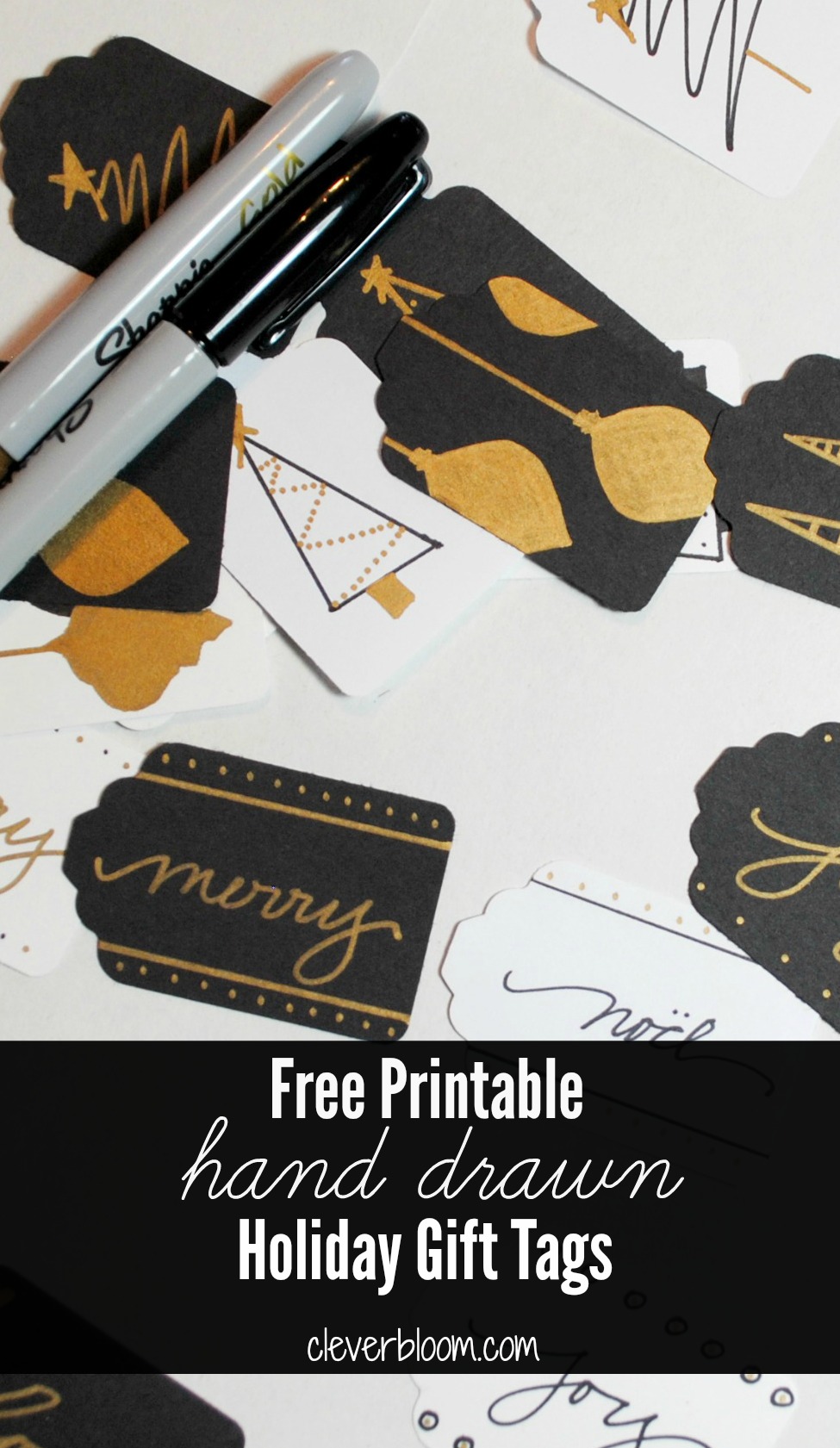 Free Printable! Hand drawn gift tags. Black, White, and Gold.