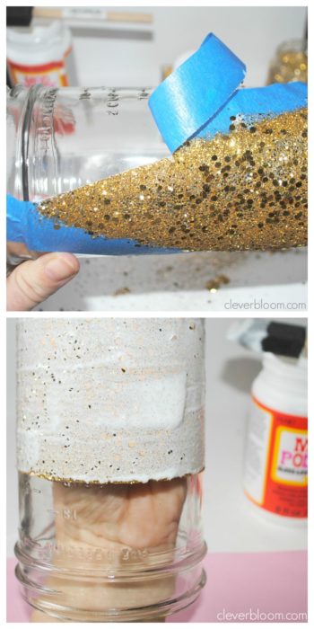 These DIY Gold Glitter Mason Jars are perfect to spice up any occasion. Visit cleverbloom.com for a step by step tutorial with lots of pictures to help you along. Don't waste your money on high end vases when you can DIY!