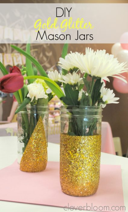 These DIY Gold Glitter Mason Jars are perfect to spice up any occasion. Visit cleverbloom.com for a step by step tutorial with lots of pictures to help you along. Don't waste your money on high end vases when you can DIY!