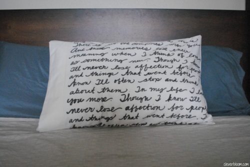This DIY Song Lyric Pillow is the perfect way to personalize any bed in your house. Visit cleverbloom.com for a full tutorial!