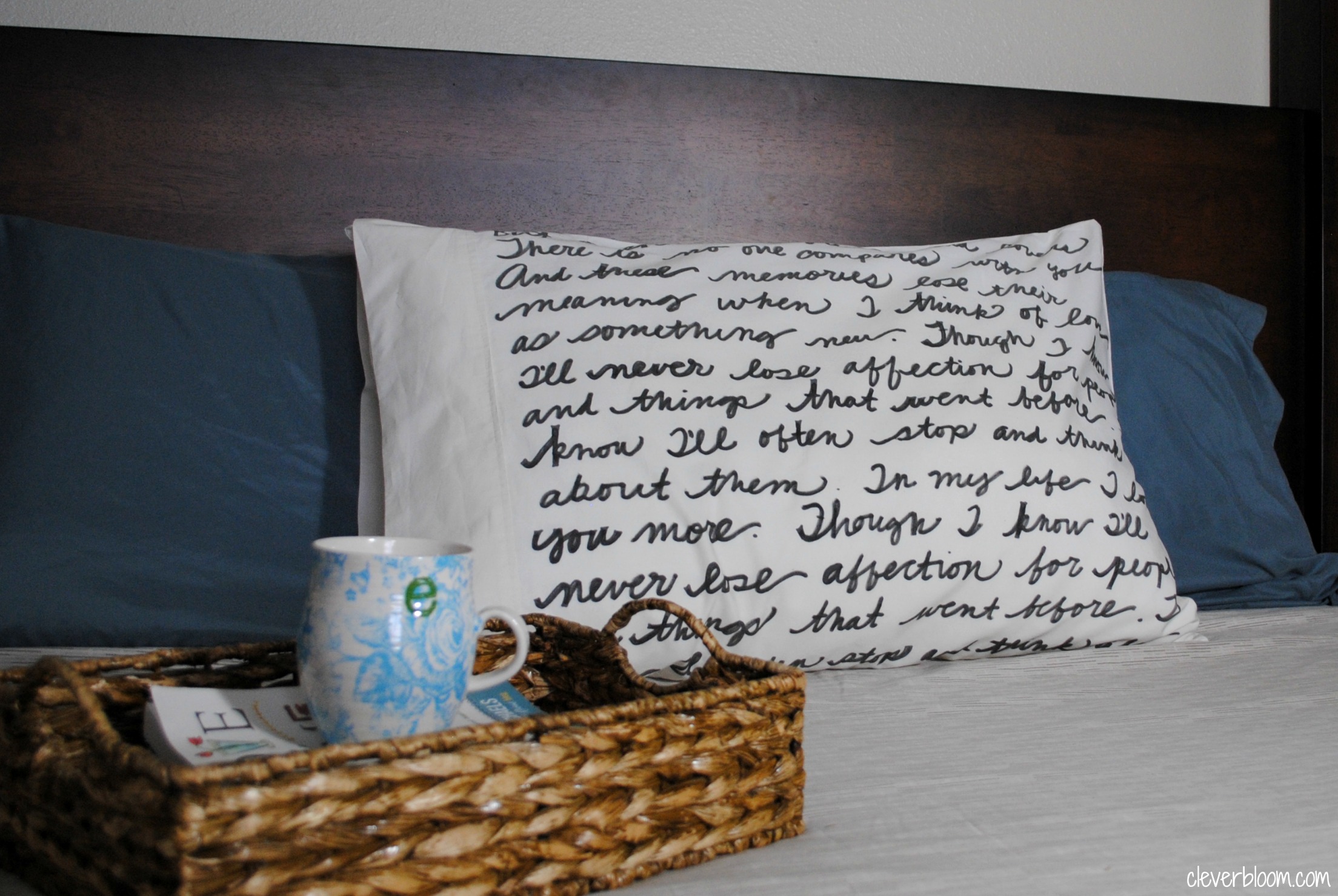 This DIY Song Lyric Pillow is the perfect way to personalize any bed in your house. Visit cleverbloom.com for a full tutorial!