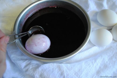 Blueberry Dyed Eggs. Learn how to dye eggs the natural way with fruits or vegetables. Visit cleverbloom.com for details.