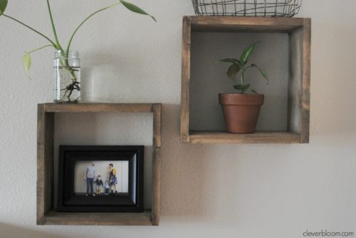 These Easy Box Shelves are perfect for any room in your house. Display your favorite knick-knacks, plants, photos, and more! Visit cleverbloom.com for a step by step tutorial.