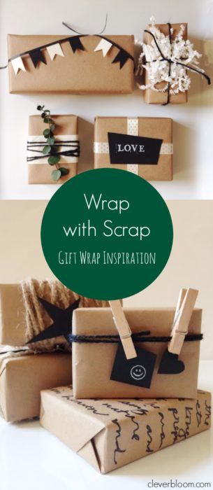 Wrap with Scrap-Gift Wrap Inspiration using scraps you probably have laying around the house. Don't just buy a gift bag, get creative!